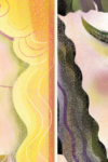 drawing of two woman's profiles back to back. On the left a light-skinned blond with glasses and on the right a ligh skinned person with dark hair, dark eye brows and a pointy nose.